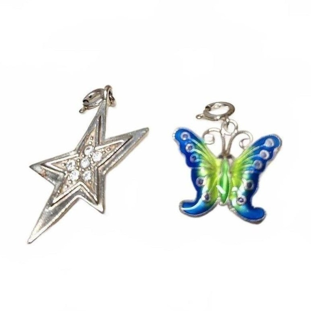 Sterling silver charms enameled butterfly and crystal studded star set of 2